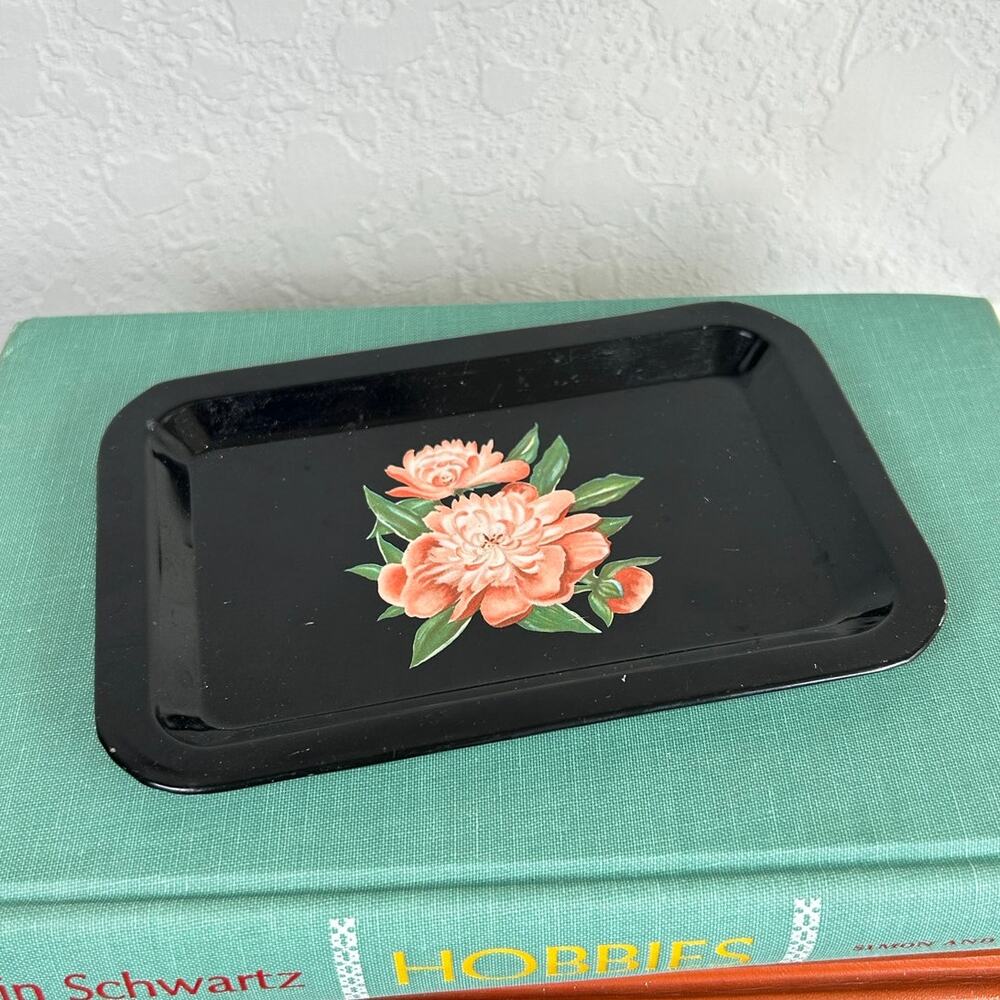 VTG Trinket Vanity Tray Dish- Black with Pink florals- 6x4" some wear overall